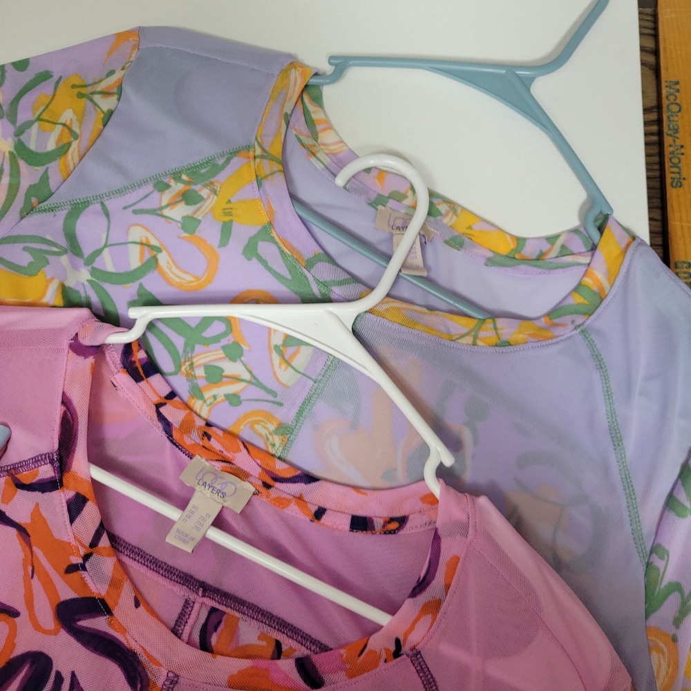 Lot of 2 LOGO Layers Lori Goldstein Floral Patchwork Mesh Top 1X Boho Fairycore